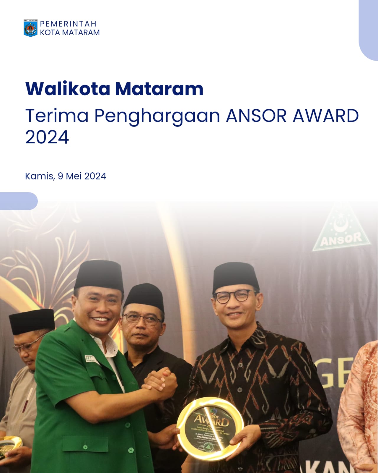 Wali Kota Mataram Terima Penghargaan Ansor Award 2024