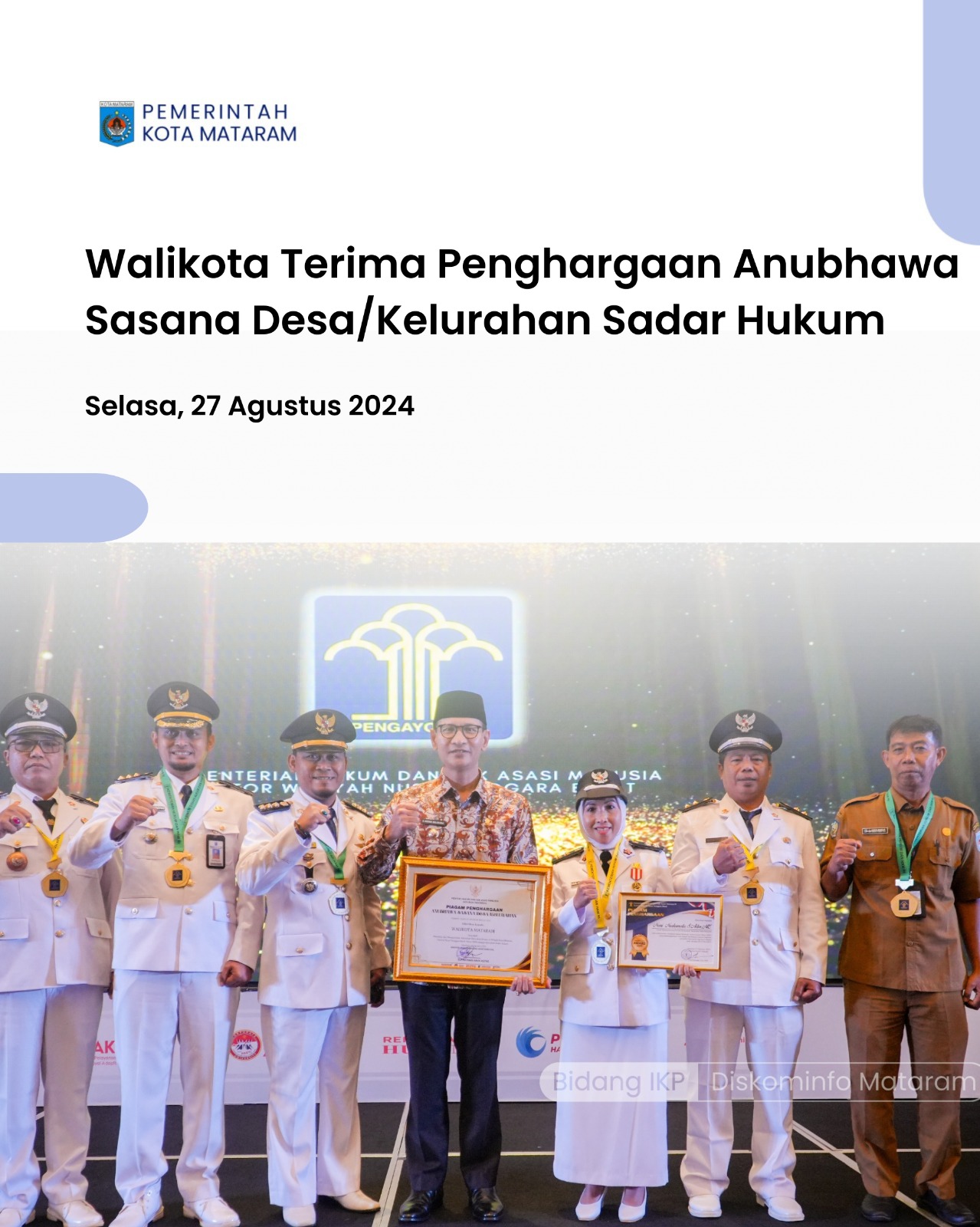 Walikota Terima Penghargaan Anubhawa Sasana Desa/Kelurahan Sadar Hukum