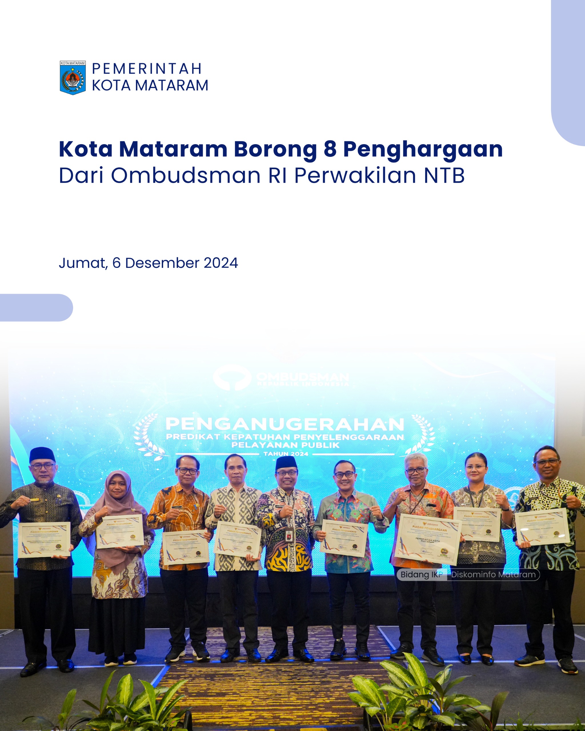 Kota Mataram Borong 8 Penghargaan Dari Ombudsman RI Perwakilan NTB