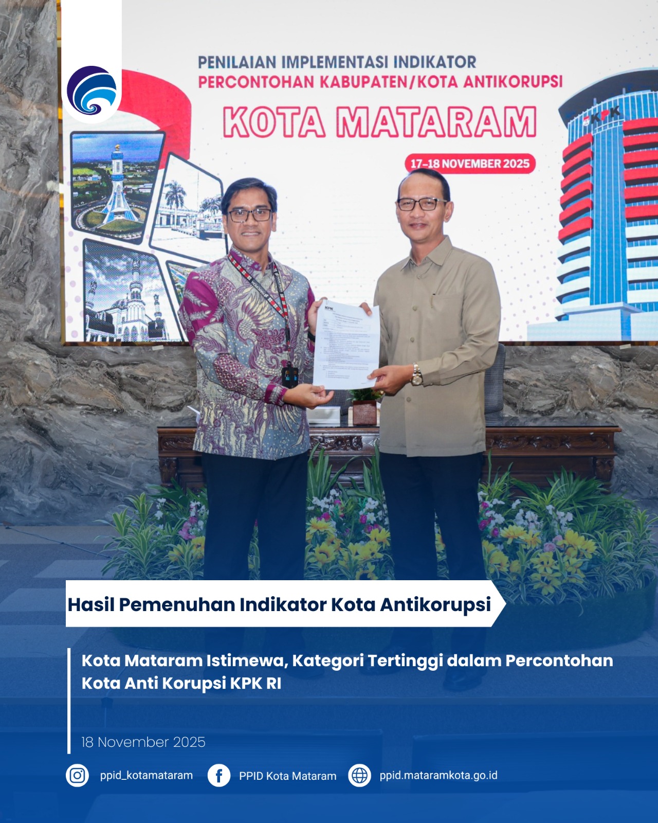 Kota Mataram Istimewa, Kategori Tertinggi dalam Percontohan Kota Anti Korupsi KPK RI 